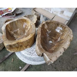 May include: Two petrified wood sinks with natural brown and tan tones. The sinks have a rounded, organic shape with a smooth interior and rough exterior. The sinks are displayed on a speckled, light-colored surface.