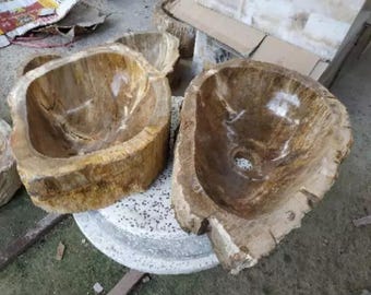 Wastafel van versteend hout | Handgemaakte fossielstenen bekken, natuurlijke schors, 40 x 15 cm (echte foto)