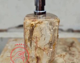 Handgemaakte zeepdispenser van versteend hout | Fles vloeibare zeep van natuurlijke fossiele steen, moderne keukenpomp