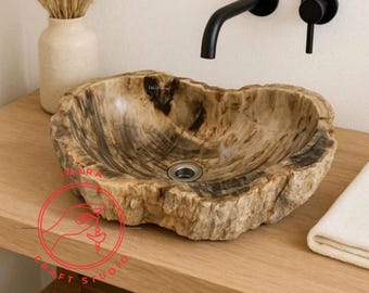Wastafel van versteend hout | Handgemaakte fossielstenen bekken, natuurlijke schors buitenkant/binnenkant