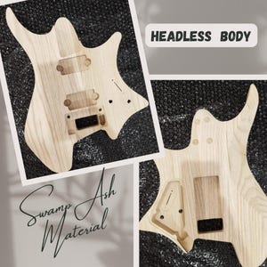 Pode incluir: Um corpo de guitarra headless de madeira clara inacabado feito de freixo do pântano. A vista frontal mostra cavidades para captadores e ponte, enquanto a vista traseira exibe a cavidade de controle e furos de fixação. Texto HEADLESS BODY.