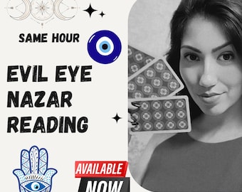 Pode incluir: Imagem em preto e branco de uma mulher segurando cartas de tarô. O texto "SAME HOUR EVIL EYE NAZAR READING AVAILABLE NOW" está na imagem. A imagem também apresenta um símbolo de olho azul.