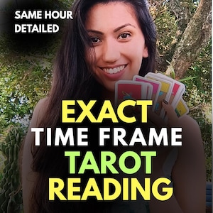 May include: A woman smiling and holding tarot cards. The image includes the text "SAME HOUR DETAILED" and "EXACT TIME FRAME TAROT READING" in yellow and white text.
