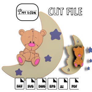 Laser geschnitten Babyzimmer Dekor Teddy Bär Thema Mond Wandkunst - Laser geschnitten Babyzimmer Dekor - Kinderzimmer Wandbehang - Stern und Mond Design