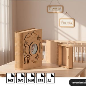 Baby Memory Book SVG, houten eerstejaarsalbum lasergesneden bestand, gepersonaliseerd mijlpaaljournaal voor pasgeborenen, babyshowercadeau voor Glowforge en xTool