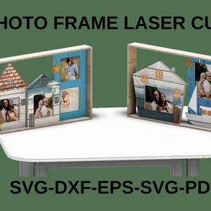 May include: Two laser cut photo frames with a nautical theme. The frames are made of wood and have a light brown finish. The frames are decorated with small houses and a sailboat. The frames are displayed on a white table. The text "SVG-DXF-EPS-SVG-PDF" is printed on the table.
