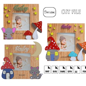 Archivo de corte de marco de fotos de bebé de madera personalizado 5 diseños /svg dxf dwg eps / Diseño de marco de fotos de bebé - Paquete de marcos de fotos de bebé cortados con láser