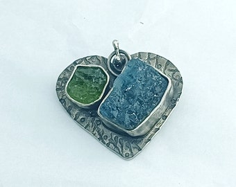 Raw Peridot & Aquamarine  heart pendant