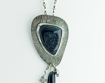 Black onyx druzy, pyrite, Herkimer Diamond, pearl and sterling necklace