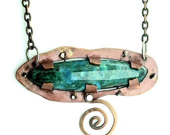 Chrysocolla in Quartz, copper, sterling silver & brass necklace