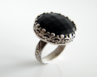 Faceted Black Onyx Rose Cut Cocktail Ring Fancy Flowered Band