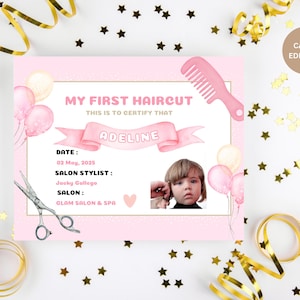 Editable First Haircut Certificate for Girls, Hair Salon Certificate, First Hair Cut Certificate,Canva Editable Girls First Haircut Certi