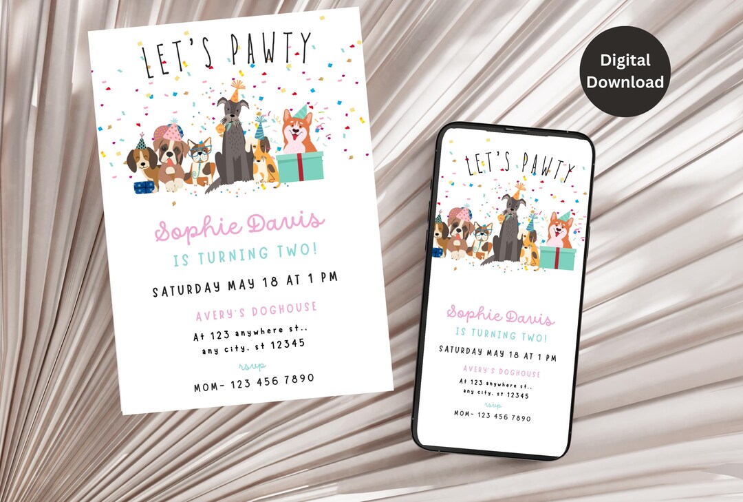 Editable Pink Girl Dog Birthday Invitation, Puppy Party Invite, Lets ...