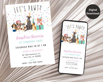 Editable Pink Girl Dog Birthday Invitation, Puppy Party Invite, Lets Pawty Invitation, Animal Birthday, Pet Party, Pet theme birthday party