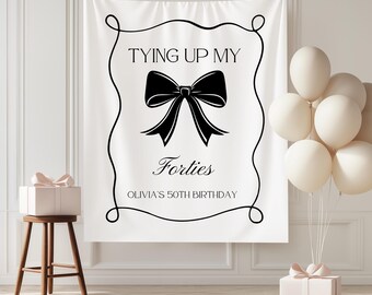 Typing up my Forties 50th Birthday Party Sign Wall Tapestry