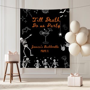 Til Death Do Us Party Bachelorette Banner, Personalized Gothic Skeleton Bride Photo Backdrop Tapestry,Funny Halloween Wedding bachelorette