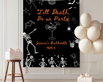 Til Death Do Us Party Bachelorette Banner, Personalized Gothic Skeleton Bride Photo Backdrop Tapestry,Funny Halloween Wedding bachelorette