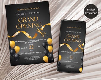 May include: A black and gold grand opening invitation with a gold ribbon and scissors. The invitation includes the date, time, and location of the event. It also includes the text "You are invited to the Grand Opening".