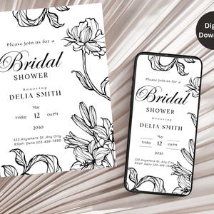 Minimalist BRIDAL SHOWER INVITATION template, Black and white Bridal shower invite , Floral bridal shower invitation, Simple Elegant Invite