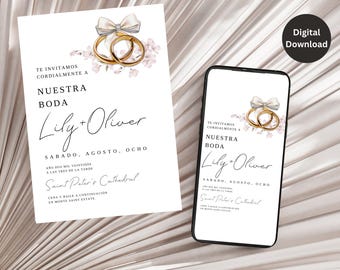 Invitaciones de Boda en Español, Nuestra Boda Invitación Anillos de compromiso florales Spanish Wedding Invite, Invitaciones en español con anillos