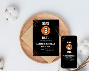 Utskrivbar födelsedagsinbjudan för andra födelsedag, född två bollsporter födelsedag, redigerbar All Star sportinbjudningsmall, basketboll Eve