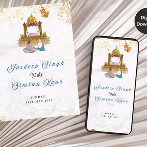 Modèle d'invitation de mariage indien, invitations Anand Karaj, invitations pendjabi, carte de mariage pendjabi, invitation sikh, réservez votre date
