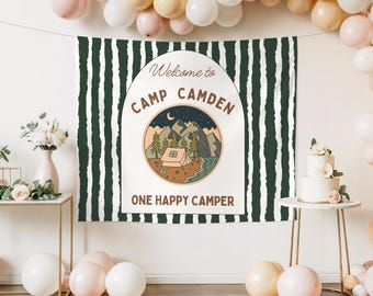 One Happy Camper Birthday Party Backdrop Camping First Birthday Theme Hiking Party Decorations Wild One 1st Birthday Photo Custom Banner