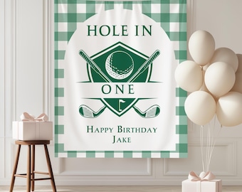 Hole in One First Birthday Party Banner Golf 1st Birthday Party Backdrop Boy Girl Birthday Photo Background Golf Sports Birthday Theme Check