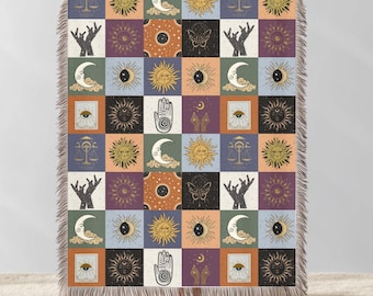 Manta tejida bohemia de sol y luna: tapiz de cuadros celestiales, tapiz vintage inspirado en la astrología, acogedor regalo de decoración bohemia para el hogar.