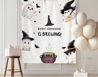 Custom Baby is Brewing Halloween Baby Shower Banner, Custom Text Witch Halloween Backdrop, Spooky Fall Gender Reveal or Baby Shower Banner