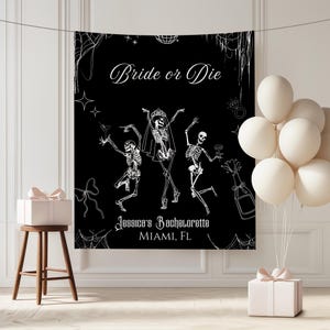 Bride or Die Bachelorette Party Banner, Personalized Gothic Skeleton Bride Photo Backdrop Tapestry, Funny Halloween Bridal Bachelorette sign