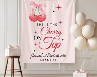 She's The Cherry on Top Bridal Shower Cherry Coquette Photo Backdrop Custom Wedding Shower Banner Cherry Bach Party Decor Cherry Theme Decor