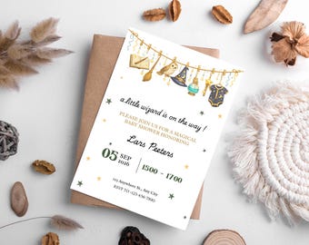 A Little Wizard Baby Shower Invitation, Editable Magical Owl Theme Canva Template