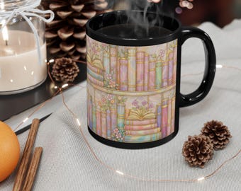 Pastel Black Floral Bookshelf Mug Stained-Glass Style ,Book Lover Gift, Bookish Mug, Library Cup