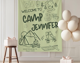 Aangepaste kamp vrijgezellenfeest tapijt, camping vrijgezellenfeest banner, bos bruids douche tapijt, vrijgezellenweekend fotoachtergrond
