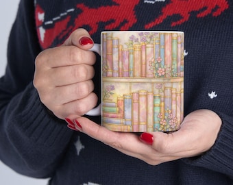 Pastel Floral Bookshelf Mug Stained-Glass Style ,Book Lover Gift, Bookish Mug, Library Cup