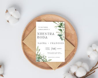 Invitaciones De Boda en Español Invitaciones Para Editar e Imprimir Invitaciones De Boda En Español Canva template boda greenery, flores