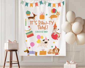 Custom Puppy Pawty Birthday Banner- Any Age Puppy Birthday Party Backdrop