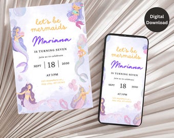 Mall för födelsedagsinbjudningar för "Let's be Mermaid"-motiv, guldfärgad undervattensinbjudan, Canvas, redigerbar, utskrivbar, nedladdning, sjöjungfru, födelsedag i alla åldrar.