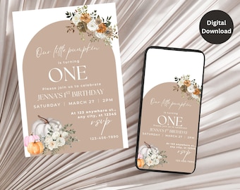 Editable Little Pumpkin Turning One Invitation Our Little Pumpkin 1st Birthday Pumpkin Invitation Neutral Any Age Birthday Fall Birthday 1st