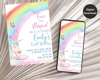 Unicorn 4th Birthday Invitation, Pastel Unicorn, Printable Rainbow Unicorn Four Ever Magical Invitation,4th Unicorn Birthday Invite digital