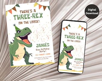 Editable Three Rex Birthday Invite, Dinosaur Birthday Invitation,Digital Boys Third Birthday Dino Party, Three-Rex On The Loose