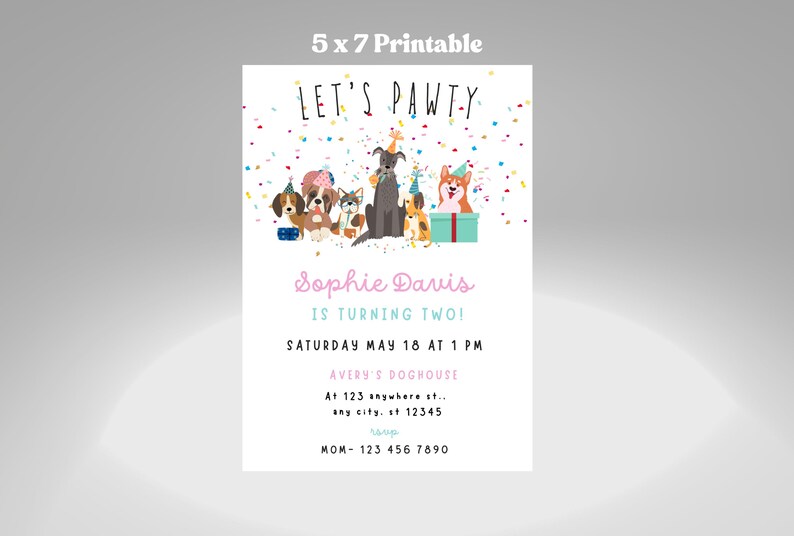 Editable Pink Girl Dog Birthday Invitation, Puppy Party Invite, Lets ...