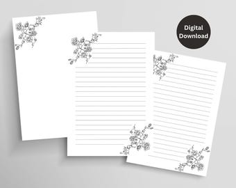 Black and White Floral Lined Paper, Digital Download Stationary Paper, Minimalist, Penpal Letter,Printable Stationery Paper, Journal Paper