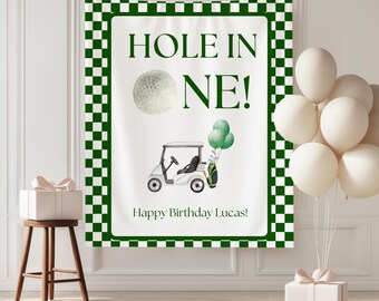Custom Hole in One First Birthday Party Banner Golf Sports Birthday Theme Golf 1st Birthday Party Backdrop Gingham Boys Birthday Party Signs