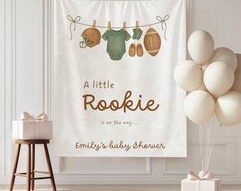 Ein kleiner Rookie ist auf dem Weg Fußball-Thema Baby Shower Party Hintergrund, Fußball-Sport-Thema Babyparty, Baby Sprinkle Foto Hintergrund