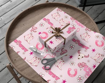 Hot Pink Howdy Cowgirl Birthday Wrapping Paper, Country Western Theme, Rolled Gift Wrap Sheets Birthday Nashville Party Supplies, Girly wrap