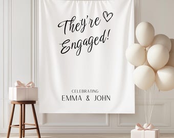 Custom They're engaged Engagement Party BannerPhoto Backdrop Just Engaged Party Decorations Engagement Banner Modern Minimalist engagement