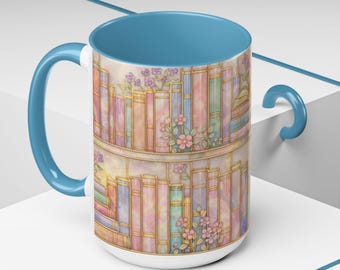 Pastel Floral Bookshelf Mug Stained-Glass Style Book Lover Gift, Bookish Mug, Library Cup