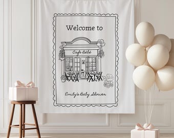 Custom Cafe Bebe Baby Shower Paris Cafe Theme Shower Decorations Paris Cafe Shower Photo Backdrop Love is Brewing Shower Baby is Brewing